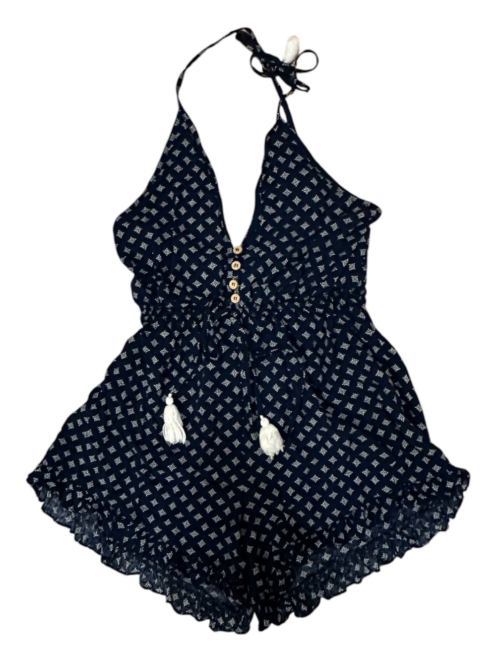 Showpo Navy Printed Halter Romper with Tassel Tie